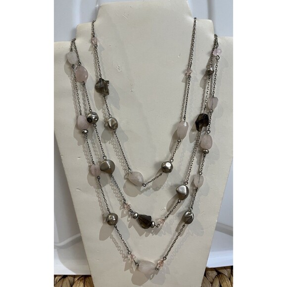 Chico's Jewelry - Chicos 3 Stranded Silver Tone Faux Rose Quartz & Amethyst Beaded Necklace Boho